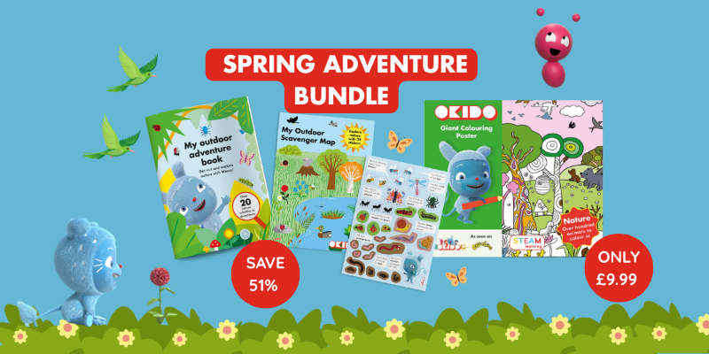 Spring Adventure Bundle with books and stickers on a blue background